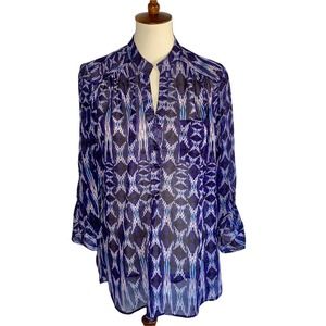 L Dots Sheer Navy Blue Ikat Boho Side Split Flowy All Over Print Blouse Top